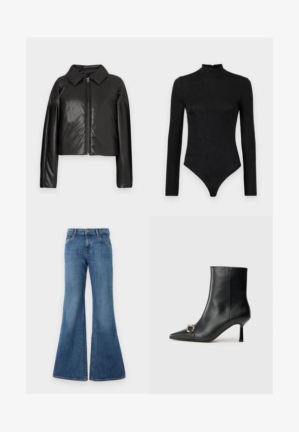 Black faux leather cropped jacket with a collared neckline and zip closure. Features long sleeves and smooth, glossy texture.; Black long-sleeve bodysuit with a high neck and subtle texture. Features a back zipper and a thong bottom design.; Flared denim jeans in medium blue wash with a classic five-pocket design, belt loops, and a button fly closure. Smooth texture with subtle fading.; Black leather ankle boot with pointed toe, slim mid-height heel, and silver buckle detail on side against plain background.