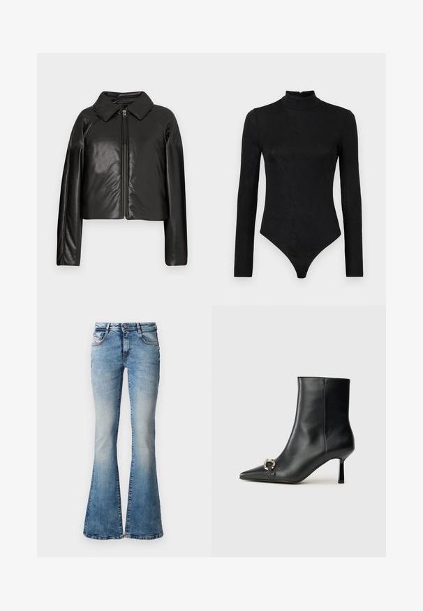 Čierna koženková skrátená bunda s golierom a zipsovým uzáverom. Má dlhé rukávy a hladký, lesklý povrch.; Čierny body s dlhými rukávmi, vysokým golierom a jemnou textúrou. Obsahuje zips na chrbte a dizajn s tangami.; Svetlomodré rozšírené džínsy z denimu s vybledným prádlem, s piatimi vreckami a páskovými slučkami, so zapínaním na gombík a zips.; Čierna kožená členková obuv s špicatou špičkou, štíhlým stredne vysokým podpätkom a striebornou sponou na boku na jednoduchom pozadí.