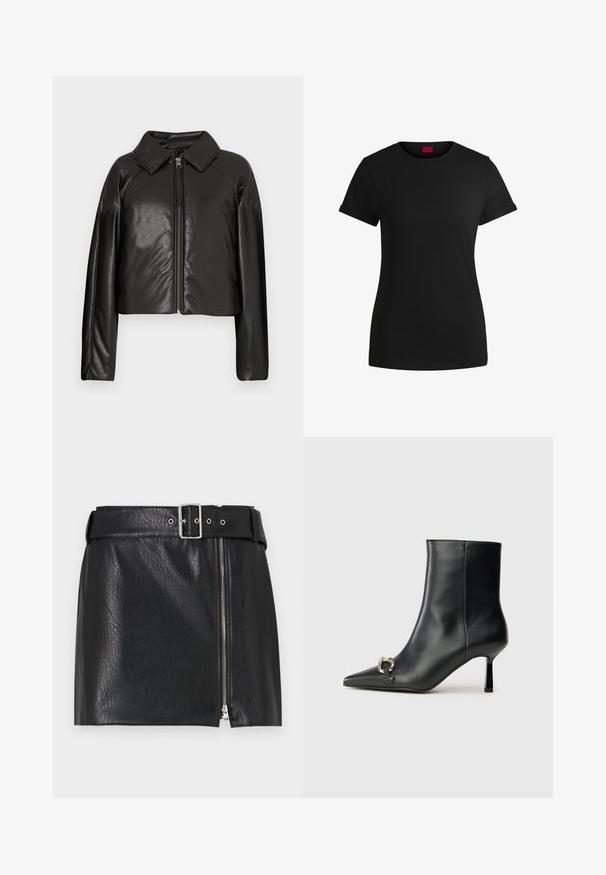 Zwarte faux leren cropped jack met een kraag en ritssluiting. Heeft lange mouwen en een soepele, glanzende textuur.; Zwart katoenen T-shirt met korte opgerolde mouwen, een ronde halslijn en een rood label. Glad textuur, aansluitende pasvorm met minimale details.; Zwarte leren minirok met een gestructureerde afwerking, voorzien van een brede riem met een zilveren gesp en een zijritssluiting.; Zwarte leren enkelboot met spitse neus, slanke middenhoge hak en zilveren gespdetail aan de zijkant op een effen achtergrond.