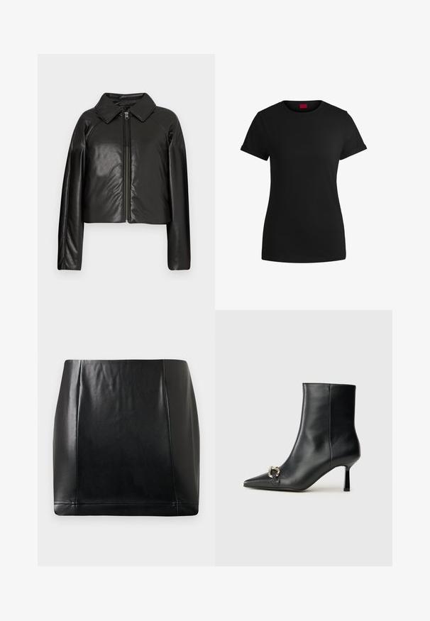 Crna faux kožna skraćena jakna s ovratnikom i zatvaranjem na munju. Ima duge rukave i glatku, sjajnu teksturu.; Crna pamučna majica s kratkim rolanim rukavima, okruglim izrezom i crvenom etiketom. Glatka tekstura, uski kroj s minimalnim detaljima.; Crna mini suknja od umjetne kože s šavovima na prednjem dijelu i laganim sjajem, položena ravno na neutralnoj pozadini.; Crne kožne gležnjače s nazupčanim prstom, uskim srednje visokim potpeticama i detaljem srebrne kopče sa strane na jedinstvenoj pozadini.