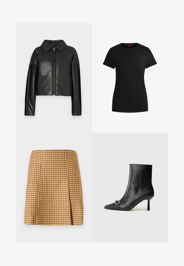 Veste cropped en simili cuir noir avec un col et fermeture zippée. Dispose de longues manches et d'une texture lisse et brillante.; T-shirt noir en coton avec des manches courtes roulées, un col rond et une étiquette rouge. Texture lisse, forme ajustée avec un minimum de détails.; Jupe écossaise jaune et violette avec une coupe droite, présentant un léger pli à l'avant et un tissu à texture lisse.; Bottine en cuir noir avec un bout pointu, un talon moyen fin et un détail de boucle en argent sur le côté, se détachant sur un fond uni.