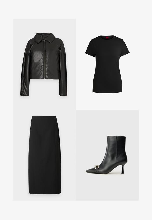 Chaqueta corta de imitación piel negra con cuello con solapa y cierre de cremallera. Presenta mangas largas y una textura suave y brillante.; Camiseta de algodón negra con mangas cortas enrolladas, escote redondo y etiqueta roja. Textura suave, forma ajustada y con un detalle minimalista.; Falda lápiz negra hecha de tela suave, con un corte recto y líneas limpias, sin adornos ni patrones.; Botín negro de cuero hasta el tobillo con punta afilada, tacón delgado de altura media y detalle de hebilla plateada en el lateral, sobre un fondo liso.