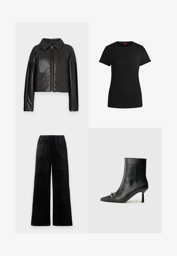 Zwarte faux leren cropped jack met een kraag en ritssluiting. Heeft lange mouwen en een soepele, glanzende textuur.; Zwart katoenen T-shirt met korte opgerolde mouwen, een ronde halslijn en een rood label. Glad textuur, aansluitende pasvorm met minimale details.; Zwarte wijde broek van zacht materiaal, met een elastische tailleband en een gladde textuur. Eenvoudig ontwerp zonder patronen of accenten.; Zwarte leren enkelboot met spitse neus, slanke middenhoge hak en zilveren gespdetail aan de zijkant op een effen achtergrond.