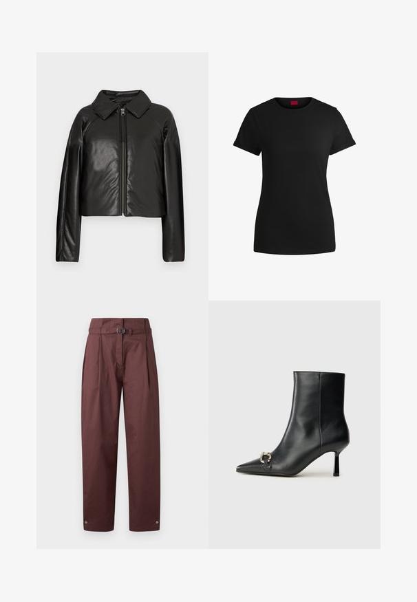 Čierna koženková skrátená bunda s golierom a zipsovým uzáverom. Má dlhé rukávy a hladký, lesklý povrch.; Čierne bavlnené tričko s krátkymi rolovanými rukávmi, okrúhlym výstrihom a červenou nášivkou. Hladká textúra, priliehavý strih s minimálnymi detailmi.; Bordové nohavice s širokými nohavicami vyrobené z bavlny, s opaskom v oblasti pása, so skladaným predným dielom a patentkami na členkových manžetách. Hladká textúra, minimalistický dizajn.; Čierna kožená členková obuv s špicatou špičkou, štíhlým stredne vysokým podpätkom a striebornou sponou na boku na jednoduchom pozadí.