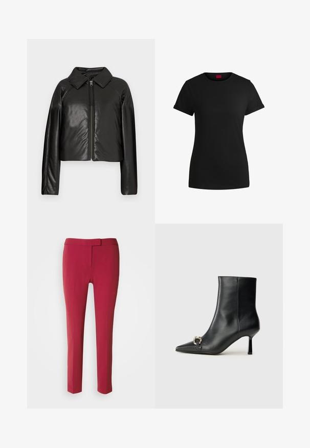 Sort kunstlæder cropped jakke med krave og lynlåslukning. Har lange ærmer og en glat, blank tekstur.; Sort bomulds T-shirt med korte opklappede ærmer, rund halsudskæring og et rødt mærke. Glat tekstur, tætsiddende form med minimal detaljer.; Røde skræddersyede bukser med en glat tekstur, smal pasform og flad front. Designet med en smal talje og uden synlige lommer.; Sort læder ankelstøvle med spidse tæer, slank hæl i mellemhøjde og sølvspænde detaljer på siden mod en ensfarvet baggrund.