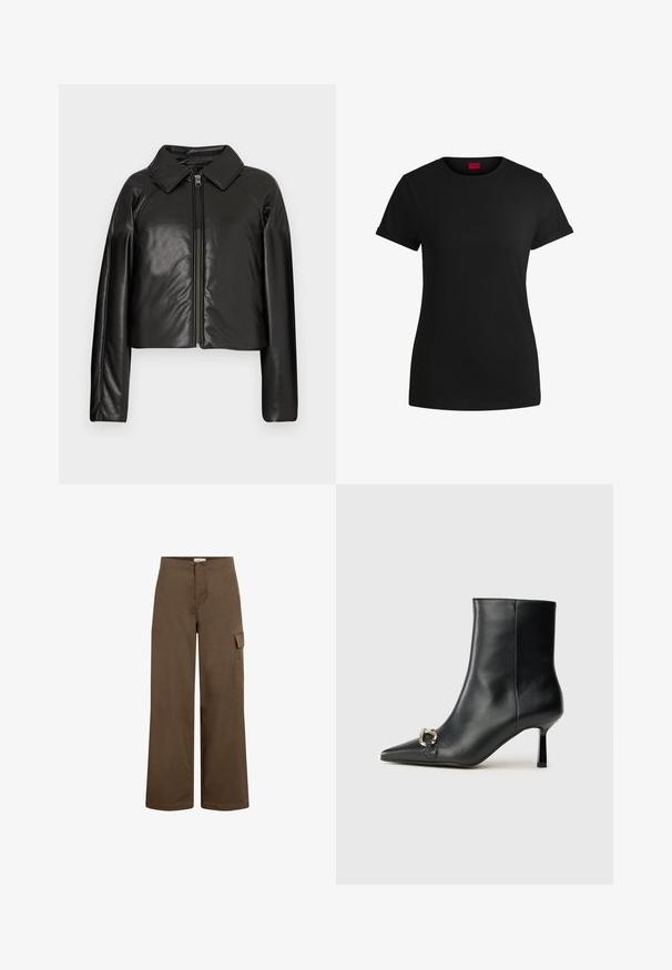Black faux leather cropped jacket with a collared neckline and zip closure. Features long sleeves and smooth, glossy texture.; Black cotton t-shirt with short rolled sleeves, a round neckline, and a red label. Smooth texture, fitted shape with minimal detailing.; Brown wide-leg cargo pants made from cotton with a button closure, featuring side pockets and a smooth, soft texture.; Black leather ankle boot with pointed toe, slim mid-height heel, and silver buckle detail on side against plain background.