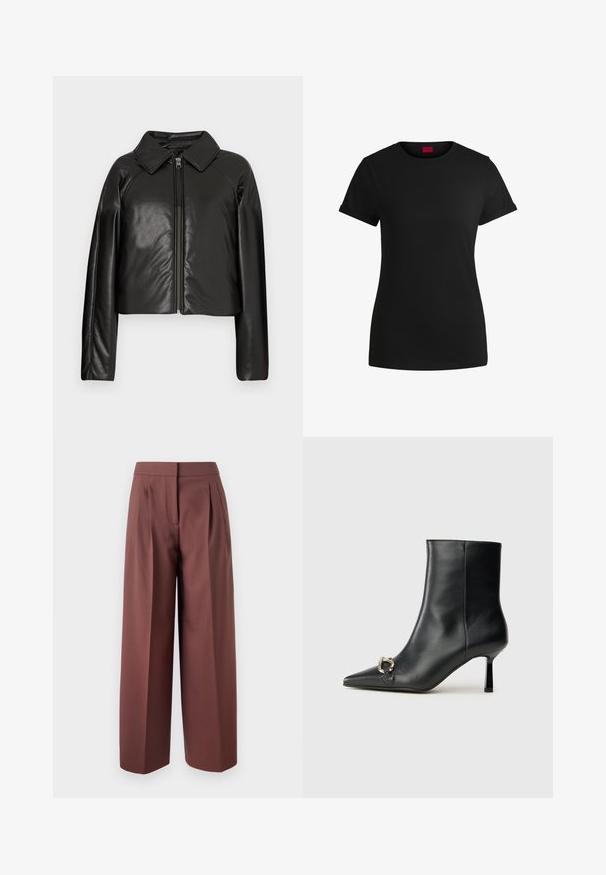 Fekete műbőr cropped dzseki galléros nyakkal és cipzárral. Hosszú ujjú, sima és fényes textúrával rendelkezik.; Fekete pamut póló rövid felgöngyölt mangaszalaggal, kerek nyakkivágással és piros címkével. Sima textúra, megformált szabás minimális részletezéssel.; Barna, bő szabású nadrág magas derékkal, elöl redőkkel, szabott kialakítással és sima szövettextúrával.; Fekete bőr bokacsizma hegyes orral, vékony közép magasságú sarokkal és ezüst csattal az oldalon, sima háttér előtt.