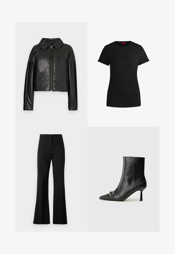 Černá faux kůže zkrácená bunda s límečkem a zipem. Obsahuje dlouhé rukávy a hladký, lesklý povrch.; Černé bavlněné tričko s krátkými rukávy s rolled úpravou, kulatým výstřihem a červenou etiketa. Hladká textura, přiléhavý střih s minimálními detaily.; Černé rozšířené kalhoty vyrobené z hladké tkaniny, s plochým předním dílem a čistými liniemi. Pas je navržen pro přiléhavý siluetu bez ozdob.; Černá kožená kotníková bota s špičatou špičkou, úzkým středně vysokým podpatkem a stříbrnou sponou na straně, na jednobarevném pozadí.