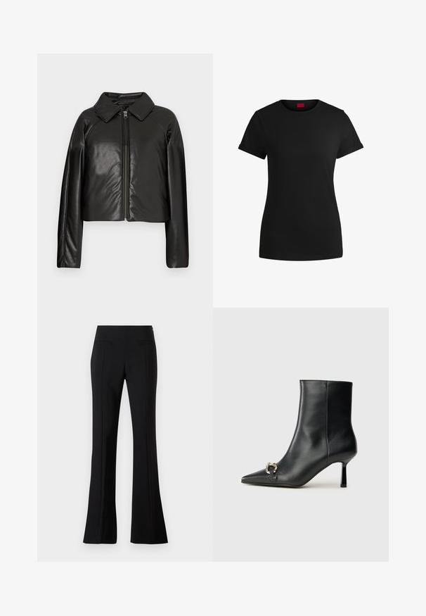 Mustast kunstnahast lühike jakk, millel on kraega kaelus ja tõmblukuga sulgemine. Omab pikki varrukaid ja sujuvat, läikivat tekstuuri.; Must must t-särk lühikeste keeratud varrukatega, ümmarguse kaeluse ja punase etiketiga. Sile tekstuur, sobiv kuju minimaalsete detailidega.; Mustad flared püksid sujuva kangast, kõrge vöökoht, kahe tagakotiga ja igas jalas on voldi rida.; Must mustanvärvi nahast pahklinetopp, millel on terav nina, peen keskmise kõrgusega konts ja hõbedane keha detail külgedel, taustal lihtne taust.