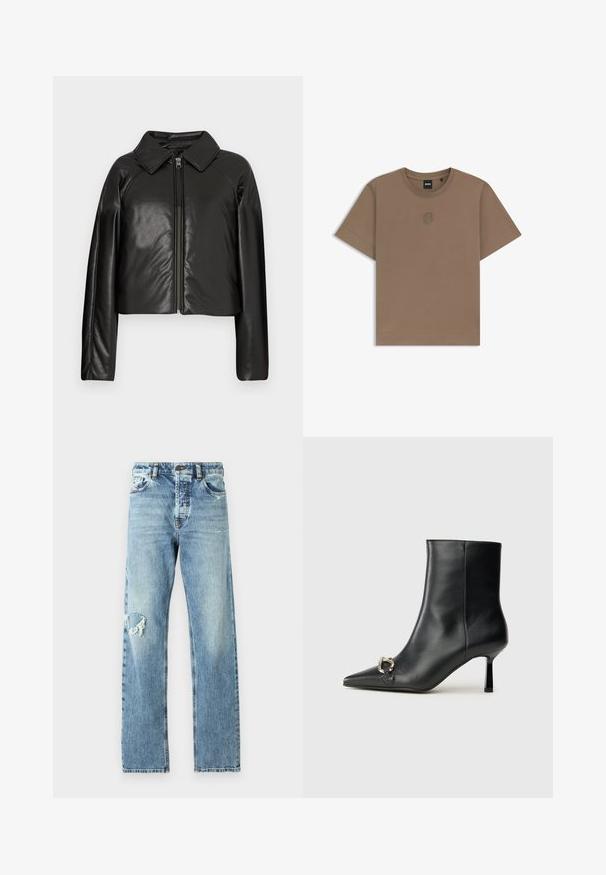 Black faux leather cropped jacket with a collared neckline and zip closure. Features long sleeves and smooth, glossy texture.; Brown cotton t-shirt with short sleeves, ribbed crew neck, and a small embroidered logo on the chest. Smooth texture and regular fit.; Light blue denim jeans with a straight leg cut and distressed detail on the left knee. Classic five-pocket design with metal hardware accents.; Black leather ankle boot with pointed toe, slim mid-height heel, and silver buckle detail on side against plain background.