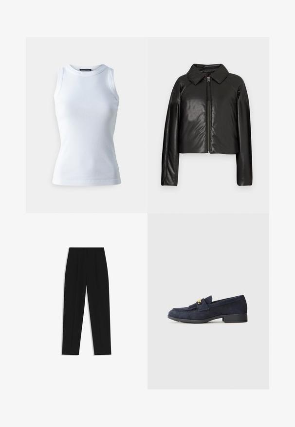 Zwarte faux leren cropped jack met een kraag en ritssluiting. Heeft lange mouwen en een soepele, glanzende textuur.; Witte mouwloze top van ribstof, met een ronde halslijn en een getailleerde pasvorm. Soepele textuur, geen zichtbare patronen of accenten.; Zwarte broeken met een rechte pasvorm, voorzien van dubbele plooien, een zachte textuur en een klassiek taillebandontwerp. Geen zichtbare hardware of accenten.; Marineblauwe suède instappers met een lage zwarte hak, voorzien van een decoratief gouden hardwaredetail aan de voorkant en een rond neuzenontwerp.