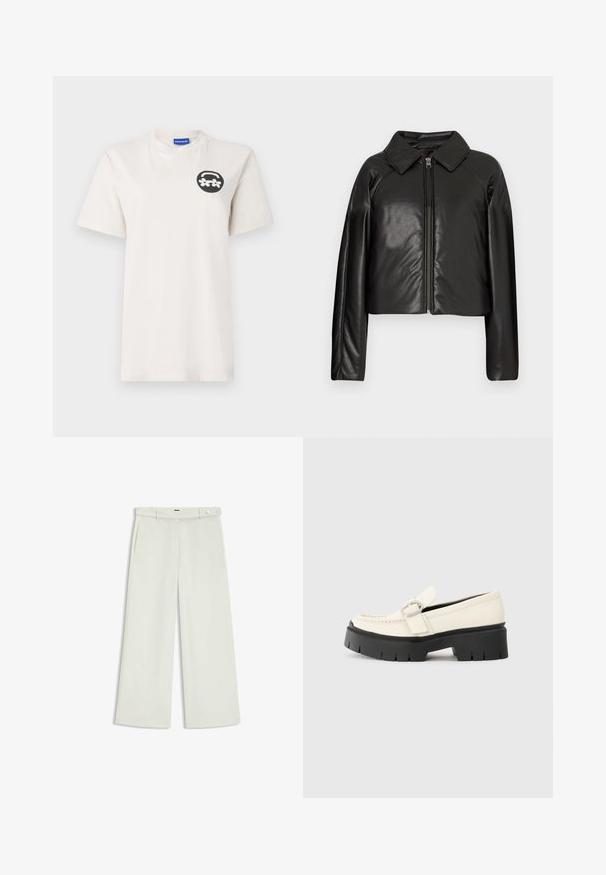 Zwarte faux leren cropped jack met een kraag en ritssluiting. Heeft lange mouwen en een soepele, glanzende textuur.; Witte katoenen t-shirt met ronde hals, voorzien van een circulair zwart ontwerp met bloemen op de linkerborst. Korte mouwen, ontspannen pasvorm.; Wijde broek in licht crèmekleurige stof, met zijzakken, een platte voorkant en een enkele knoopsluiting bij de taille. Glad van textuur.; Witte leren loafer met een stevige zwarte plateauzool, voorzien van een rechthoekige zilveren gesp en zichtbare stiksels op de bovenkant.