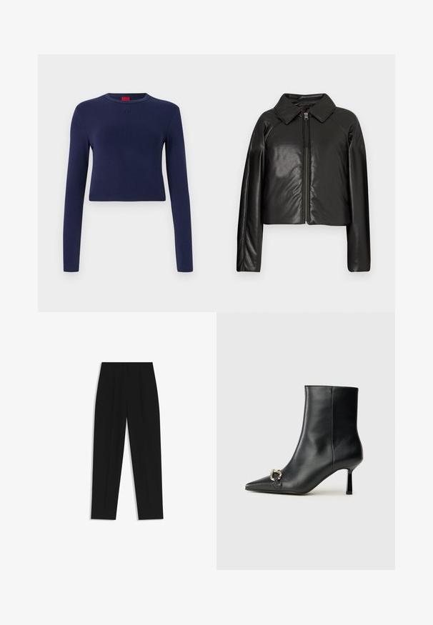 Sort kunstlæder cropped jakke med krave og lynlåslukning. Har lange ærmer og en glat, blank tekstur.; Mørkeblå cropped langærmet top lavet af blødt stof, med rund halsudskæring og præget logo på brystet.; Sorte bukser med lige pasform, der har dobbelte folder, en glat tekstur og et klassisk taljedesign. Ingen synlige hardware eller accenter.; Sort læder ankelstøvle med spidse tæer, slank hæl i mellemhøjde og sølvspænde detaljer på siden mod en ensfarvet baggrund.