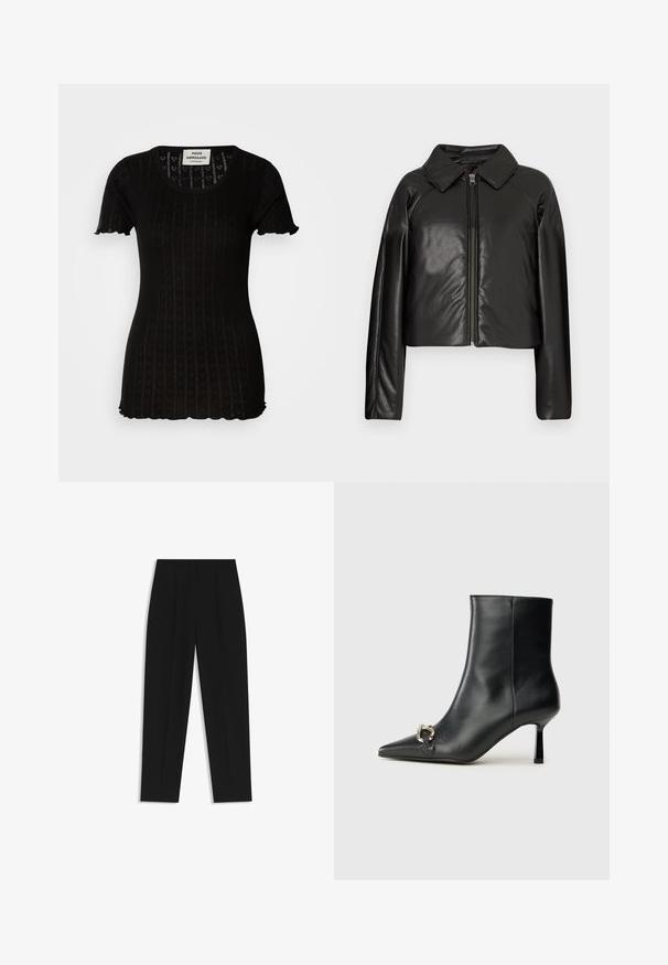 Zwarte faux leren cropped jack met een kraag en ritssluiting. Heeft lange mouwen en een soepele, glanzende textuur.; Zwarte korte mouwen top met een geribbelde textuur, met hartpatronen. Rond halslijn en gegolfde randen bij de mouwen en onderkant.; Zwarte broeken met een rechte pasvorm, voorzien van dubbele plooien, een zachte textuur en een klassiek taillebandontwerp. Geen zichtbare hardware of accenten.; Zwarte leren enkelboot met spitse neus, slanke middenhoge hak en zilveren gespdetail aan de zijkant op een effen achtergrond.