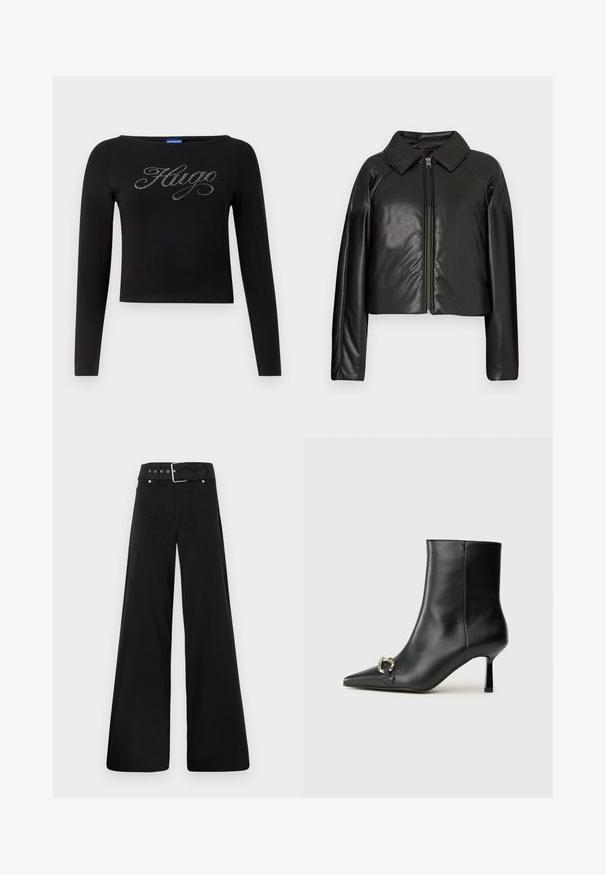Czarna krótka kurtka z sztucznej skóry z kołnierzykiem i zapięciem na zamek. Posiada długie rękawy oraz gładką, błyszczącą fakturę.; Czarna bluzka z długim rękawem o kroju cropped z logo „Hugo” w srebrnych cyrkoniach z przodu. Wykonana z elastycznego materiału.; Czarne spodnie o szerokich nogawkach wykonane z bawełny, z wysokim stanem, dużymi bocznymi kieszeniami i paskiem w talii z akcentami w kolorze srebrnym.; Czarny skórzany botek za kostkę z szpiczastym noskiem, smukłym średnim obcasem i srebrnym zapięciem po boku na jednolitym tle.