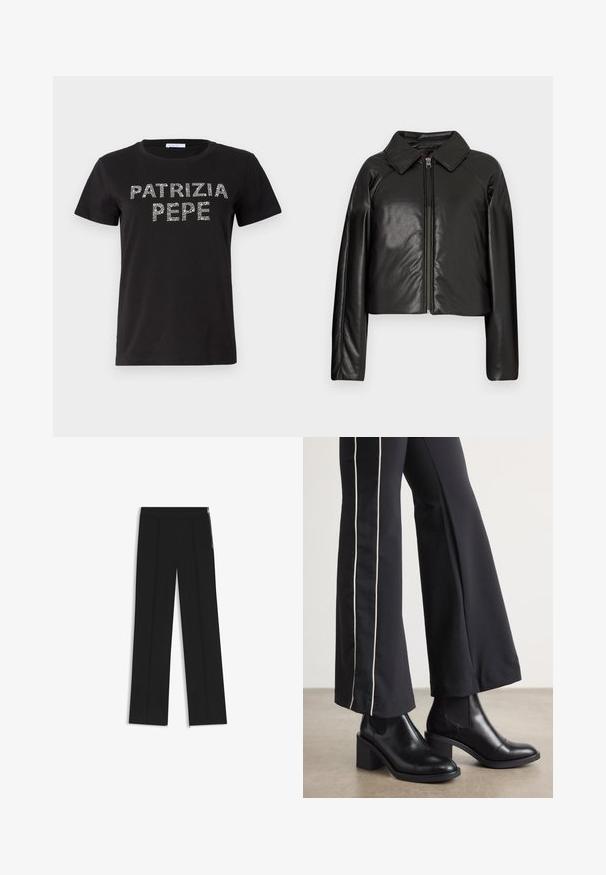 Black faux leather cropped jacket with a collared neckline and zip closure. Features long sleeves and smooth, glossy texture.; Black cotton t-shirt featuring short sleeves, a round neckline, and decorative rhinestone lettering spelling "PATRIZIA PEPE" on the front.; Black wide-leg trousers with two front pleats, elastic waistband, and side zippers for detail. Smooth texture and minimalist design.; Black leather ankle boots with a block heel, featuring elastic side panels. Paired with black pants that have a white side stripe.