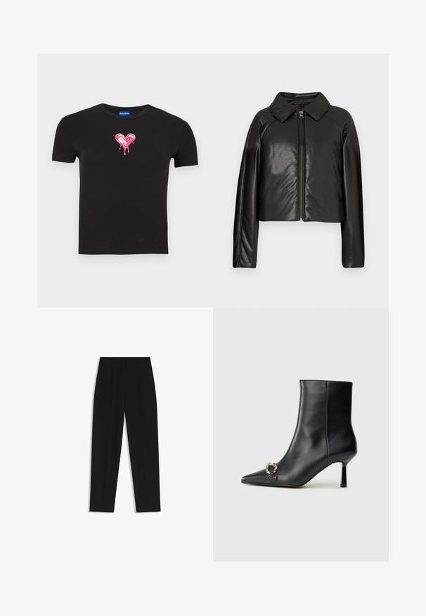 Mustat tekonahkaiset lyhyet takit, joissa on kauluksessa oleva kaulus ja vetoketjukiinnitys. Ominaisuuksiin kuuluu pitkät hihat ja sileä, kiiltävä pinta.; Musta puuvillainen lyhythihainen T-paita, jossa on suuri kiiltävä vaaleanpunainen sydänkuvio, josta valuu tihkuja keskeltä.; Mustat housut suoran istuvuuden kanssa, joissa on kaksinkertaiset laskokset, sileä pinta ja klassinen vyötärönauhan muotoilu. Ei näkyviä metalliosia tai koristeita.; Musta nahkasaapas nilkkapituisilla, terävillä kärjillä, hoikalla keskipituisella korolla ja hopeavöillä sivussa yksinkertaista taustaa vasten.