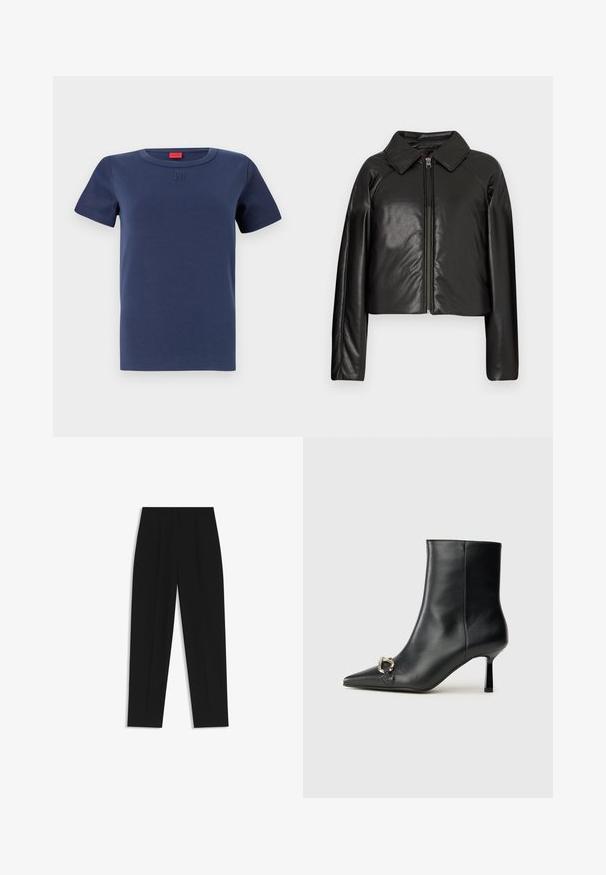 Black faux leather cropped jacket with a collared neckline and zip closure. Features long sleeves and smooth, glossy texture.; Navy blue cotton t-shirt with a round neckline, short sleeves, and an embossed logo on the chest. Smooth texture, classic fit.; Black trousers with a straight fit, featuring double pleats, a smooth texture, and a classic waistband design. No visible hardware or accents.; Black leather ankle boot with pointed toe, slim mid-height heel, and silver buckle detail on side against plain background.