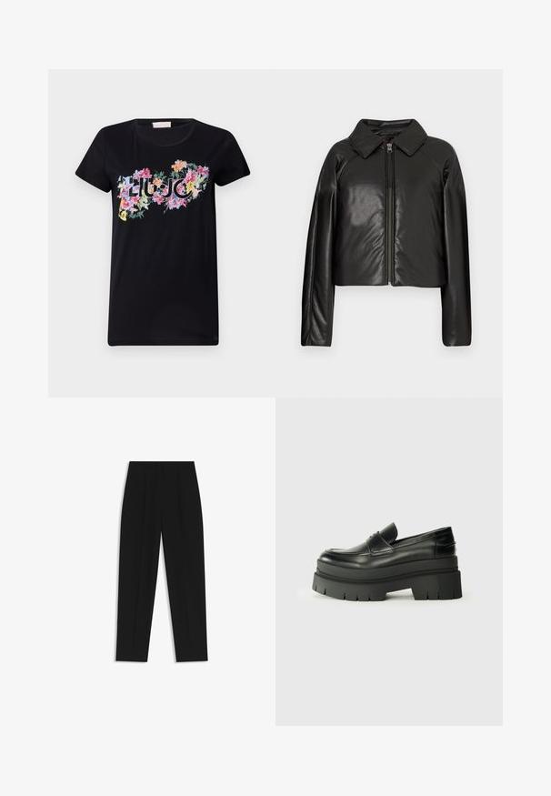 Schwarze Kunstleder-Cropped-Jacke mit Kragen und Reißverschluss. Mit langen Ärmeln und glatter, glänzender Textur.; Schwarzes T-Shirt mit kurzen Ärmeln aus Baumwolle. Es verfügt über einen bunten Blumenprint mit dem Wort "LIU JO" in der Mitte, umgeben von verschiedenen Blumenformen und -designs.; Schwarze Hose mit geradem Schnitt, doppelten Falten, einer glatten Textur und einem klassischen Bunddesign. Keine sichtbaren Beschläge oder Akzente.; Schwarze Lederloafer mit einer klobigen Plateausohle. Abgerundete Spitze, Nahtdetail auf der Vorderseite und dezente Nähte. Flache, strukturierte Außensohle.