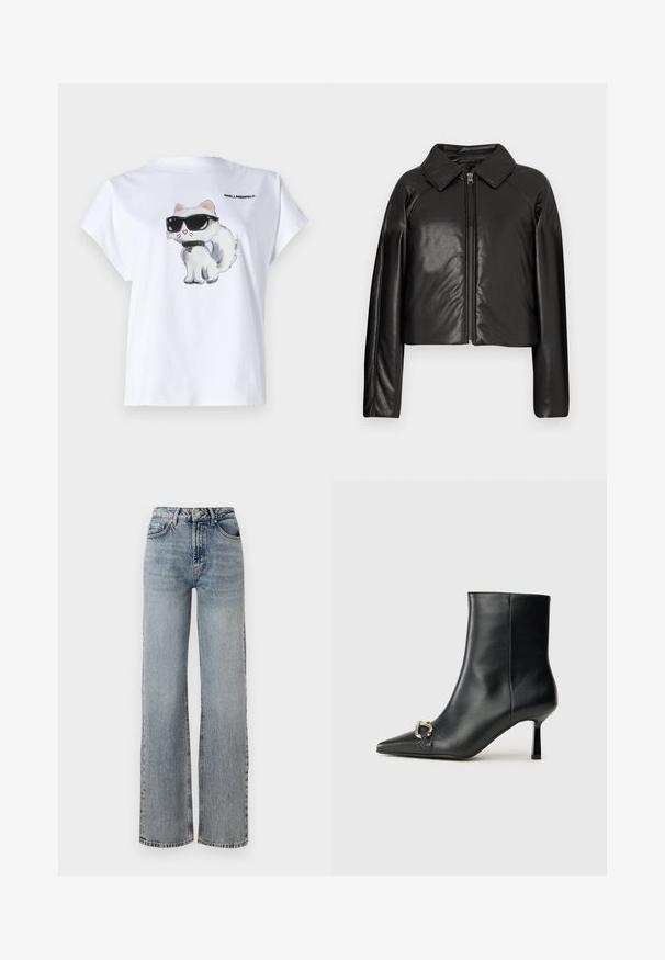 Melnā mākslīgā āda īsā jaka ar apkakles apkakli un rāvējslēdzēja aizdari. Iespējas garas piedurknes un gluda, spīdīga tekstūra.; Balts kokvilnas T-krekls ar karikatūras kaķi, kas valkā saulesbrilles, īsām piedurknēm un brīvu piegriezumu. Uz muguras ir "KARL LAGERFELD" logo.; Gaiši zili džinsus ar augstu jostasvietu, platām kājām, izbalējušu apdari un pavisam nedaudz nolietojumu detaļām. Klasisks piecu kabatu dizains.; Melnā ādas potīšu zābaku ar smailu purngalu, šauru vidēja augstuma papēdi un sudraba sprādzi sānos uz vienkrāsaina fona.