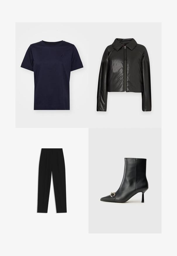 Zwarte faux leren cropped jack met een kraag en ritssluiting. Heeft lange mouwen en een soepele, glanzende textuur.; Marineblauwe katoenen t-shirt met korte mouwen, ronde halslijn en een klein textured logo op de borst. Minimalistisch ontwerp en een gladde textuur.; Zwarte broeken met een rechte pasvorm, voorzien van dubbele plooien, een zachte textuur en een klassiek taillebandontwerp. Geen zichtbare hardware of accenten.; Zwarte leren enkelboot met spitse neus, slanke middenhoge hak en zilveren gespdetail aan de zijkant op een effen achtergrond.