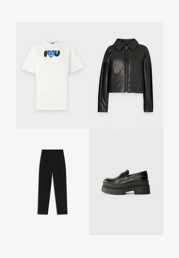 Black faux leather cropped jacket with a collared neckline and zip closure. Features long sleeves and smooth, glossy texture.; White cotton t-shirt featuring a blue heart with the text "HUGO" above and "U" below in black, short sleeves, and a relaxed fit.; Black trousers with a straight fit, featuring double pleats, a smooth texture, and a classic waistband design. No visible hardware or accents.; Black leather loafers with a chunky platform sole. Rounded toe, front seam detail, and subtle stitching accents. Flat, textured outsole.