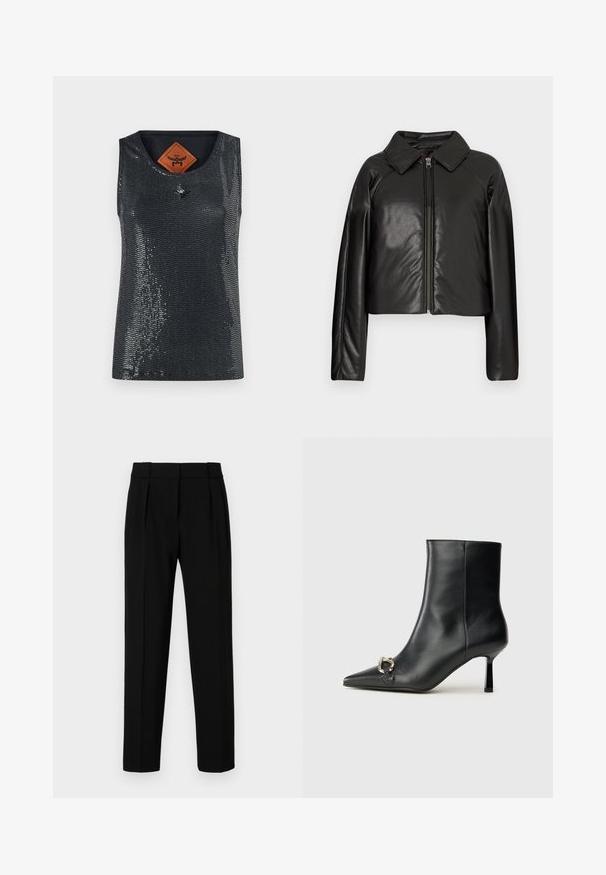 Melnā mākslīgā āda īsā jaka ar apkakles apkakli un rāvējslēdzēja aizdari. Iespējas garas piedurknes un gluda, spīdīga tekstūra.; MCM SEQUINS TANK - Tops - black; Melnas pielāgotas bikses ar taisnu piegriezumu, ar plecu priekšpusi, pulētu audumu un vidēju jostasvietu. Nav redzamu kabatu vai detaļu.; Melnā ādas potīšu zābaku ar smailu purngalu, šauru vidēja augstuma papēdi un sudraba sprādzi sānos uz vienkrāsaina fona.