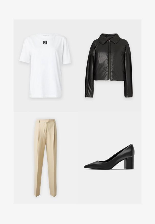 Jachetă cropped din faux leather negru, cu guler și închidere cu fermoar. Prezintă mâneci lungi și o textură netedă, lucioasă.; Tricou alb din bumbac, cu mâneci scurte, guler rotund și o etichetă rectangulară neagră pe față, care prezintă un logo. Design simplu și versatil.; Pantaloni bej, croiți pe corp, cu tăietură dreaptă, având pliuri, un brâu și o textură netedă. Fără buzunare vizibile sau embellishments.; Cizmă din piele neagră, cu vârf ascuțit și toc pătrat masiv. Textură netedă, design simplu, potrivit pentru setări formale.