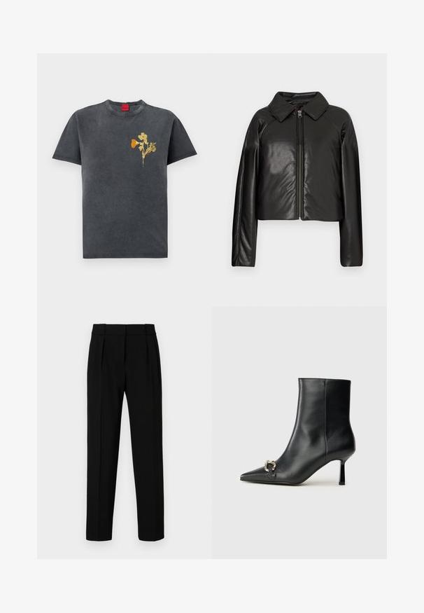 Mustast kunstnahast lühike jakk, millel on kraega kaelus ja tõmblukuga sulgemine. Omab pikki varrukaid ja sujuvat, läikivat tekstuuri.; Hallux hallitusest puuvillane T-särk, ümar kaelus, lühikesed varrukad, millel on vasakul küljel kollane ja oranž lillemuster.; Mustad sobranikud, sirge lõikega, volditud esiosa, läikiv kangas ja keskmise suurusega vöökoht. Ei ole nähtavaid taskuid ega metalldetailide. ; Must mustanvärvi nahast pahklinetopp, millel on terav nina, peen keskmise kõrgusega konts ja hõbedane keha detail külgedel, taustal lihtne taust.