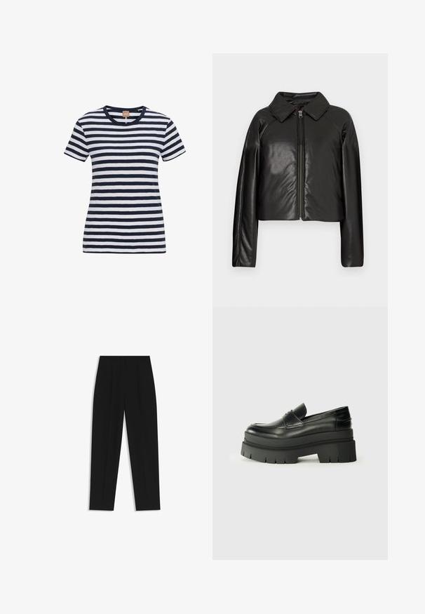 Black faux leather cropped jacket with a collared neckline and zip closure. Features long sleeves and smooth, glossy texture.; Navy and white striped t-shirt made of soft cotton, featuring a round neckline and short sleeves, with a fitted silhouette and subtle logo tag.; Black trousers with a straight fit, featuring double pleats, a smooth texture, and a classic waistband design. No visible hardware or accents.; Black leather loafers with a chunky platform sole. Rounded toe, front seam detail, and subtle stitching accents. Flat, textured outsole.