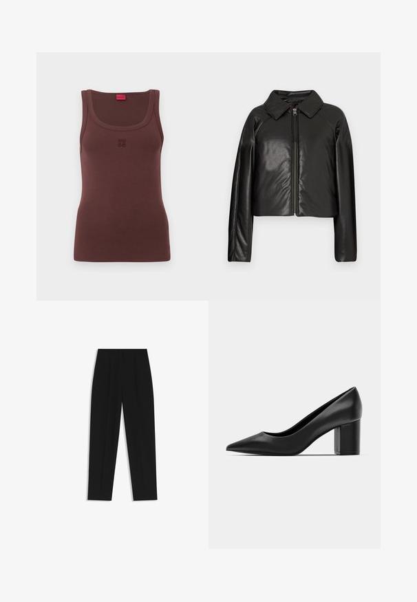 Black faux leather cropped jacket with a collared neckline and zip closure. Features long sleeves and smooth, glossy texture.; Brown sleeveless tank top made of soft fabric, featuring a round neckline and subtle embroidered "HUGO" logo on the front.; Black trousers with a straight fit, featuring double pleats, a smooth texture, and a classic waistband design. No visible hardware or accents.; Black leather pump with a pointed toe and a chunky square heel. Smooth texture, simple design, suitable for formal settings.