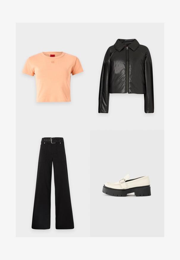 Melnā mākslīgā āda īsā jaka ar apkakles apkakli un rāvējslēdzēja aizdari. Iespējas garas piedurknes un gluda, spīdīga tekstūra.; Īsām piedurknēm, apaļā izgriezumā T-krekls gaisīgi persiku krāsā no kokvilnas. Ar izšūtu "HUGO" logotipu atbilstošā krāsā uz krūšu.; Melna platā kāju bikses, izgatavotas no kokvilnas, ar augstu jostasvietu, lieliem sānu kabatām un jostu ar sudraba detaļām.; Baltā ādas loafera ar masīvu melnu platformu, ar taisnstūra sudraba sprādzi un redzamām šuvām augšējā daļā.