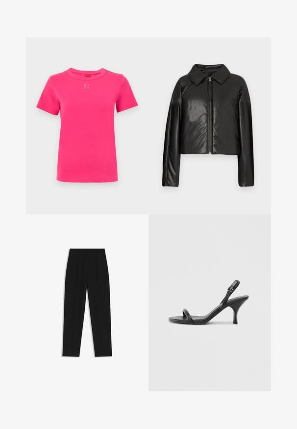 Black faux leather cropped jacket with a collared neckline and zip closure. Features long sleeves and smooth, glossy texture.; Bright pink cotton t-shirt with short sleeves, rounded neckline, and a small white "HUGO" logo at the chest. Smooth texture, classic fit.; Black trousers with a straight fit, featuring double pleats, a smooth texture, and a classic waistband design. No visible hardware or accents.; Black leather high-heeled sandals with a slim, curved heel and a crossed strap design. Adjustable ankle strap. Smooth texture.