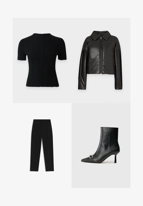 Mustat tekonahkaiset lyhyet takit, joissa on kauluksessa oleva kaulus ja vetoketjukiinnitys. Ominaisuuksiin kuuluu pitkät hihat ja sileä, kiiltävä pinta.; Musta ribbine lyhythihainen paita, jossa on korkea kaulus. Materiaalina on teksturoitu kangas ja muotoilu on tiukka, mikä tarjoaa rentoja ja monipuolisia muoti vaihtoehtoja.; Mustat housut suoran istuvuuden kanssa, joissa on kaksinkertaiset laskokset, sileä pinta ja klassinen vyötärönauhan muotoilu. Ei näkyviä metalliosia tai koristeita.; Musta nahkasaapas nilkkapituisilla, terävillä kärjillä, hoikalla keskipituisella korolla ja hopeavöillä sivussa yksinkertaista taustaa vasten.