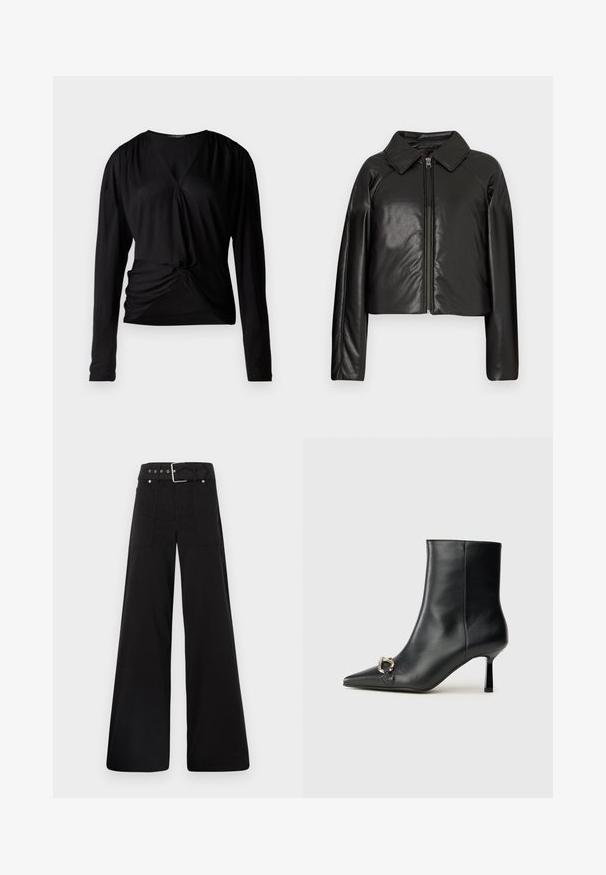 Giacca cropped nera in ecopelle con colletto e chiusura a zip. Caratterizzata da maniche lunghe e una texture liscia e lucida.; Top nero a maniche lunghe con scollo a V, spalle arricciate e dettaglio con nodo frontale; realizzato in un tessuto morbido e leggero.; Pantaloni neri a gamba larga realizzati in cotone, con vita alta, ampie tasche laterali e vita con cintura arricchita da dettagli in metallo argentato.; Stivale alla caviglia in pelle nera con punta affusolata, tacco sottile di media altezza e dettaglio in fibbia argentata sul lato, su sfondo semplice.