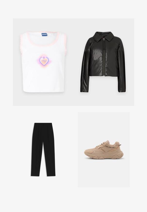 Svart imitationläder kortjacka med krage och dragkedjestängning. Har långa ärmar och en slät, glänsande yta.; Vit ärmlös topp med rosa scalloped trim, med en centrerad hjärt-grafik i pastellfärger med texten "Hugo" inuti.; Svarta byxor med rak passform, med dubbla fickor, en slät yta och en klassisk midje-design. Ingen synlig hårdvara eller detaljer.; Beiga sneakers i en kombination av mesh och mocka. Kraftig sula, strukturerad design och kontrasterande sömmar. Logotyp på sidan.