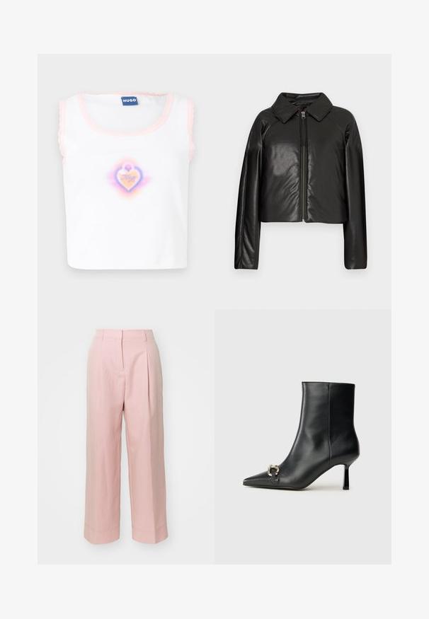 Jachetă cropped din faux leather negru, cu guler și închidere cu fermoar. Prezintă mâneci lungi și o textură netedă, lucioasă.; Top alb fără mâneci cu margine roz în formă de valuri, având un grafic central în formă de inimă în culori pastelate cu textul "Hugo" în interior.; Pantaloni largi de culoare roz pal, cu talie înaltă, pliseuri frontale și detalii cusute la tiv. Construiți dintr-un material ușor și neted.; Botine negre din piele, cu vârf ascuțit, toc subțire de înălțime medie și detaliu cu cataramă argintie pe lateral, pe un fundal simplu.