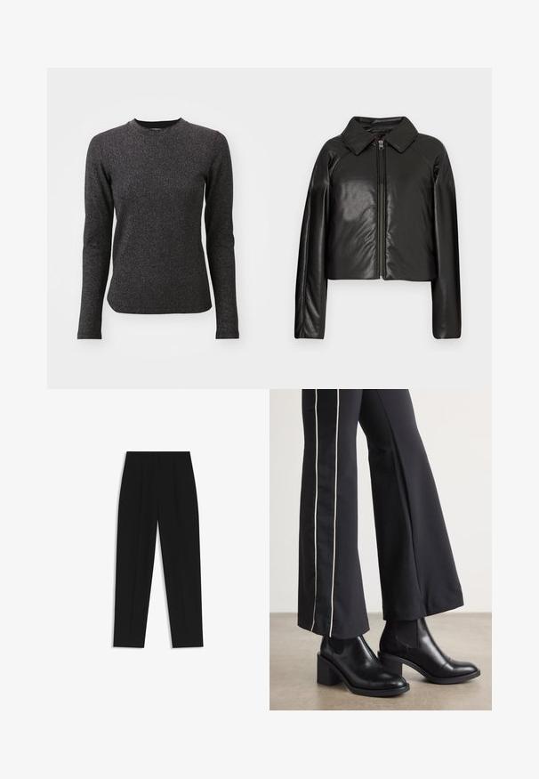 Mustat tekonahkaiset lyhyet takit, joissa on kauluksessa oleva kaulus ja vetoketjukiinnitys. Ominaisuuksiin kuuluu pitkät hihat ja sileä, kiiltävä pinta.; Musta pitkähihainen paita pyöreällä kaula-aukolla, jossa on teksturoitu ja hohtava kangas. Malli on istuva ja siinä on hienovaraisia heijastavia lankoja.; Mustat housut suoran istuvuuden kanssa, joissa on kaksinkertaiset laskokset, sileä pinta ja klassinen vyötärönauhan muotoilu. Ei näkyviä metalliosia tai koristeita.; Mustat nahkasaappaat nilkkapituisilla, lohkareella, joissa on joustavat sivupaneelit. Yhdistetty mustiin housuihin, joissa on valkoinen sivuraita.