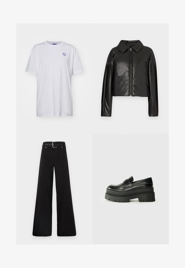 Mustast kunstnahast lühike jakk, millel on kraega kaelus ja tõmblukuga sulgemine. Omab pikki varrukaid ja sujuvat, läikivat tekstuuri.; Valge puuvillane t-särk lühikeste varrukatega, ümmarguse kaelusega, ja vasakul rinnal sinine naeratava näo logo. Ühtlane kangas, ilma mustriteta.; Mustad laiad mustad püksid, mis on valmistatud puuvillast, kõrge vöökoha, suurte küljetaskute ja kumerate rihmadega, kus on hõbedased detailid.; Mustad mustrennistest nahast mokad, millel on paks platvormi tald. Ümar varvas, eesmine õmblusdetail ja peened õmblemisaktsendid. Lame, tekstureeritud välistald.