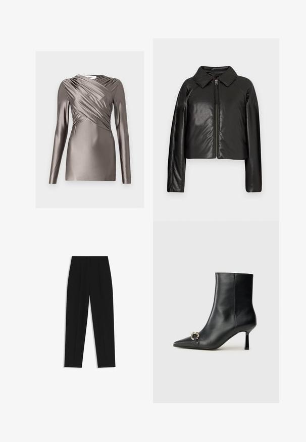 Schwarze Kunstleder-Cropped-Jacke mit Kragen und Reißverschluss. Mit langen Ärmeln und glatter, glänzender Textur.; Langarmoberteil aus metallic taupefarbenem Stoff, mit einer drapierten Vorderseite und strukturierten Details an den Ärmeln. Glatte, enganliegende Silhouette.; Schwarze Hose mit geradem Schnitt, doppelten Falten, einer glatten Textur und einem klassischen Bunddesign. Keine sichtbaren Beschläge oder Akzente.; Schwarze Leder-Stiefelette mit spitzer Zehe, schlankem, mittelhohem Absatz und silberner Schnalle seitlich vor einem schlichten Hintergrund.