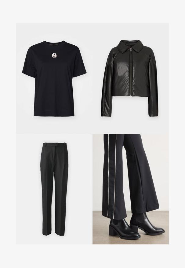 Mustast kunstnahast lühike jakk, millel on kraega kaelus ja tõmblukuga sulgemine. Omab pikki varrukaid ja sujuvat, läikivat tekstuuri.; Must t-särk mustast puuvillast, lühikeste varrukatega, ümmargune kaelus ja rinnal väike valge ja kuldne tikand.; Mustad kohandatud mustad püksid kergest kangast, sirge lõikega, lamedate esiosadega ja vöökohaga. Sile tekstuur ilma nähtavate mustriteta.; Mustad nahast pahklu_bootid, millel on ploki konts ja elastsed külgpaneelid. Kombineeritud mustade pükstega, millel on valge küljeriba.