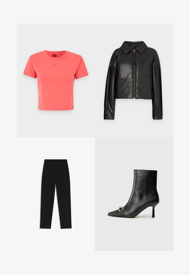 Giacca cropped nera in ecopelle con colletto e chiusura a zip. Caratterizzata da maniche lunghe e una texture liscia e lucida.; T-shirt in cotone rosa corallo con scollatura rotonda, maniche corte e logo ricamato "HU GO" sul davanti. Design semplice e aderente.; Pantaloni neri a taglio dritto, con doppie pieghe, una texture liscia e un design classico in vita. Nessun hardware o dettaglio visibile.; Stivale alla caviglia in pelle nera con punta affusolata, tacco sottile di media altezza e dettaglio in fibbia argentata sul lato, su sfondo semplice.