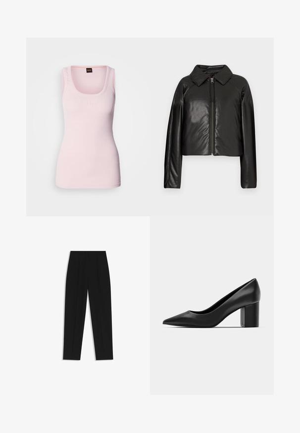 Schwarze Kunstleder-Cropped-Jacke mit Kragen und Reißverschluss. Mit langen Ärmeln und glatter, glänzender Textur.; Helles rosa, geripptes Tanktop mit Rundhalsausschnitt, das ein dezentes Logo auf der Brust und breite Schulterträger aufweist. Glatte Textur.; Schwarze Hose mit geradem Schnitt, doppelten Falten, einer glatten Textur und einem klassischen Bunddesign. Keine sichtbaren Beschläge oder Akzente.; Schwarze Lederpumps mit spitzem Zehenbereich und einem klobigen quadratischen Absatz. Glatte Textur, einfaches Design, geeignet für formelle Anlässe.