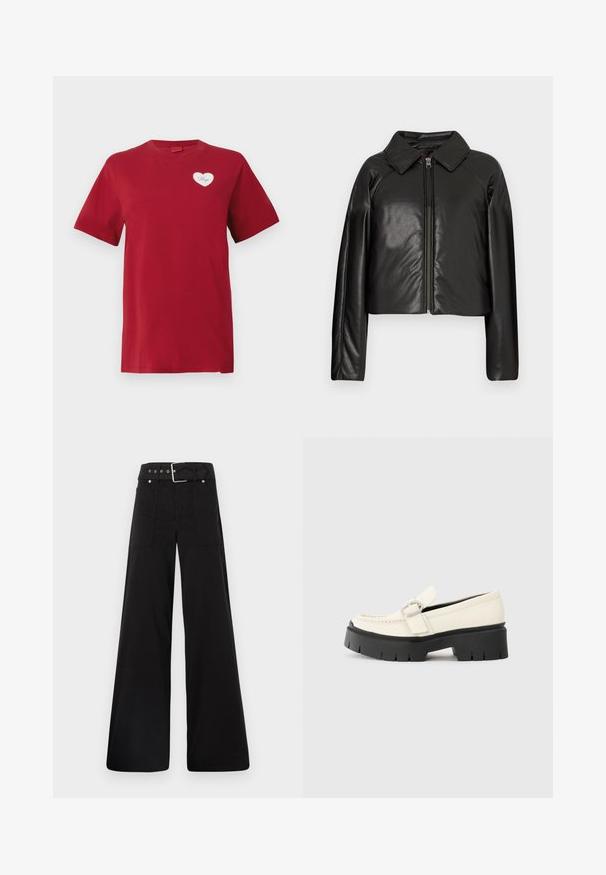 Mustast kunstnahast lühike jakk, millel on kraega kaelus ja tõmblukuga sulgemine. Omab pikki varrukaid ja sujuvat, läikivat tekstuuri.; Punase lühikese varrukaga T-särk, mille vasakul rinnal on väike valge südameplekk, millel on sõna "Hugo."; Mustad laiad mustad püksid, mis on valmistatud puuvillast, kõrge vöökoha, suurte küljetaskute ja kumerate rihmadega, kus on hõbedased detailid.; Valge nahast loafer, millel on massiivne must platvormi tald, neljakandiline hõbedane pandla ja nähtavalt õmblusdetail ülaserval.