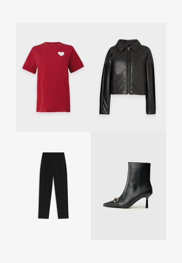 Black faux leather cropped jacket with a collared neckline and zip closure. Features long sleeves and smooth, glossy texture.; Red short-sleeve T-shirt with a small white heart patch on the left chest displaying the word "Hugo."; Black trousers with a straight fit, featuring double pleats, a smooth texture, and a classic waistband design. No visible hardware or accents.; Black leather ankle boot with pointed toe, slim mid-height heel, and silver buckle detail on side against plain background.