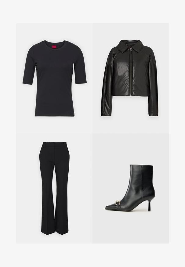 Mustat tekonahkaiset lyhyet takit, joissa on kauluksessa oleva kaulus ja vetoketjukiinnitys. Ominaisuuksiin kuuluu pitkät hihat ja sileä, kiiltävä pinta.; Musta puuvillapaita, jossa on lyhyet hihat, pyöreä kaula-aukko ja minimalistinen muotoilu. Kaula-aukossa on punainen brändilogo.; Mustat pleated-housut suoran lahkeen muotoilulla, valmistettu sileästä kankaasta. Ominaisuuksiin kuuluu korkea vyötärö ja näkymättömät sivutaskut.; Musta nahkasaapas nilkkapituisilla, terävillä kärjillä, hoikalla keskipituisella korolla ja hopeavöillä sivussa yksinkertaista taustaa vasten.