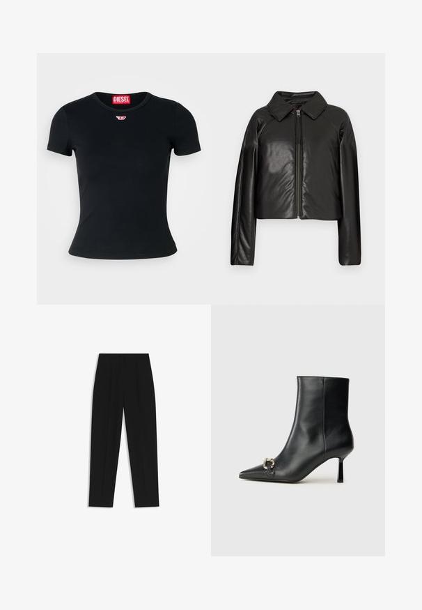Black faux leather cropped jacket with a collared neckline and zip closure. Features long sleeves and smooth, glossy texture.; Black ribbed t-shirt with a rounded crew neckline. Features a small red Diesel logo on the chest. Short sleeves and a form-fitting shape.; Black trousers with a straight fit, featuring double pleats, a smooth texture, and a classic waistband design. No visible hardware or accents.; Black leather ankle boot with pointed toe, slim mid-height heel, and silver buckle detail on side against plain background.