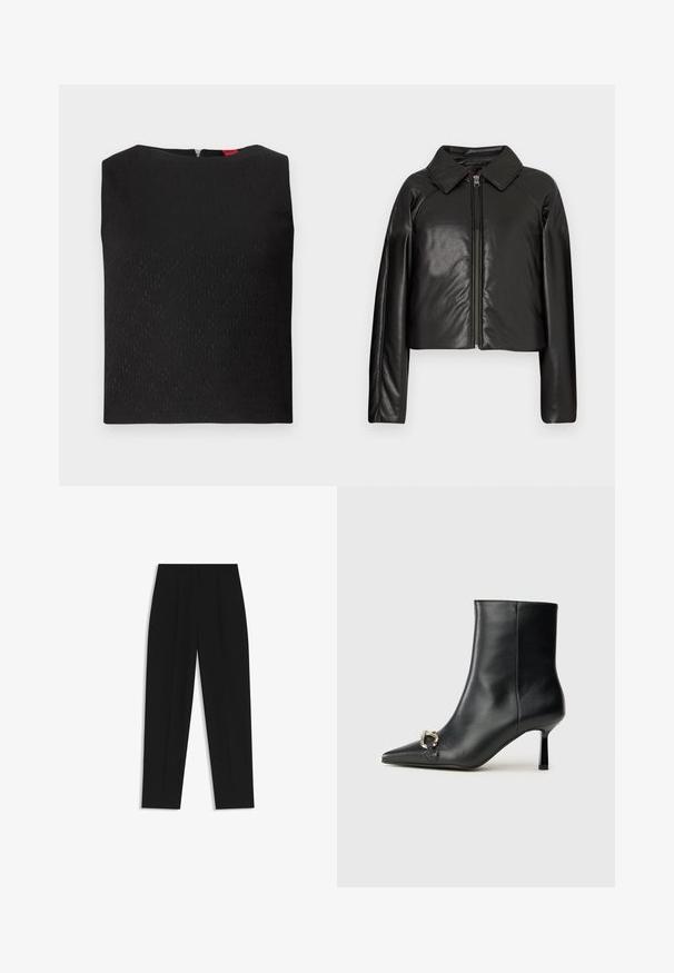 Giacca cropped nera in ecopelle con colletto e chiusura a zip. Caratterizzata da maniche lunghe e una texture liscia e lucida.; Top nero senza maniche con un motivo testurizzato, scollo quadrato e zip sul retro. Presenta dettagli del logo sottilmente intrecciati nel tessuto.; Pantaloni neri a taglio dritto, con doppie pieghe, una texture liscia e un design classico in vita. Nessun hardware o dettaglio visibile.; Stivale alla caviglia in pelle nera con punta affusolata, tacco sottile di media altezza e dettaglio in fibbia argentata sul lato, su sfondo semplice.