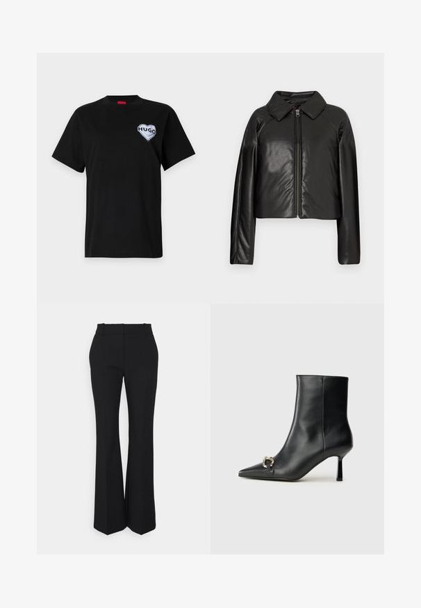 Mustat tekonahkaiset lyhyet takit, joissa on kauluksessa oleva kaulus ja vetoketjukiinnitys. Ominaisuuksiin kuuluu pitkät hihat ja sileä, kiiltävä pinta.; Musta puuvillateeppari, jossa on pyöreä pääntie ja lyhyet hihat, vasemmassa rinnassa valkoinen sydämenmuotoinen "HUGO"-logo.; Mustat pleated-housut suoran lahkeen muotoilulla, valmistettu sileästä kankaasta. Ominaisuuksiin kuuluu korkea vyötärö ja näkymättömät sivutaskut.; Musta nahkasaapas nilkkapituisilla, terävillä kärjillä, hoikalla keskipituisella korolla ja hopeavöillä sivussa yksinkertaista taustaa vasten.
