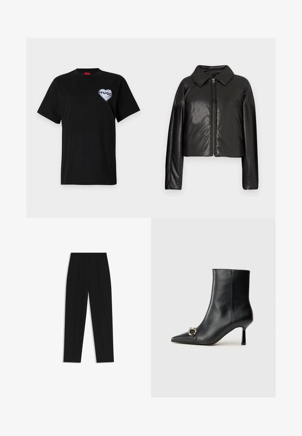 Zwarte faux leren cropped jack met een kraag en ritssluiting. Heeft lange mouwen en een soepele, glanzende textuur.; Zwarte katoenen t-shirt met een ronde hals en korte mouwen, met een wit hartvormig "HUGO" logo op de linkerborst.; Zwarte broeken met een rechte pasvorm, voorzien van dubbele plooien, een zachte textuur en een klassiek taillebandontwerp. Geen zichtbare hardware of accenten.; Zwarte leren enkelboot met spitse neus, slanke middenhoge hak en zilveren gespdetail aan de zijkant op een effen achtergrond.